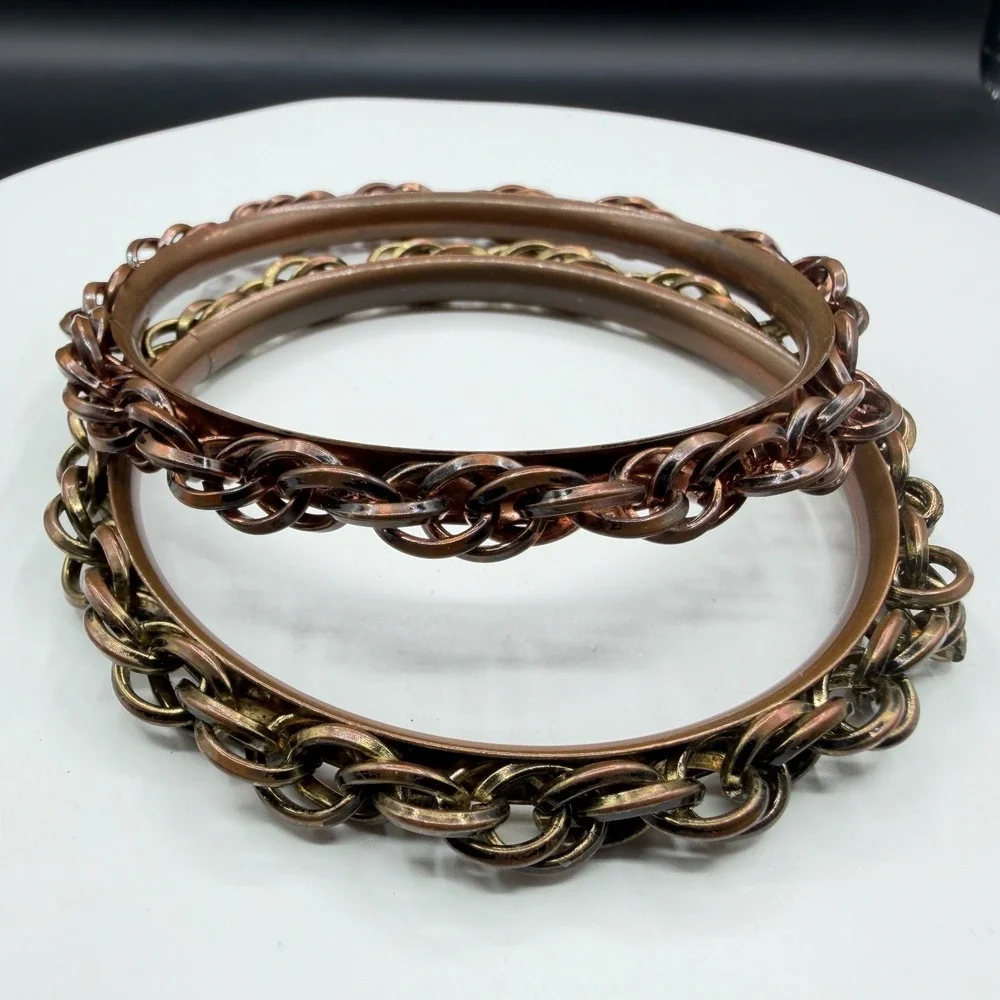 Pair Copper & Brass Tone Chain Link Bangle Bracelet Boho Stack Statement Jewelry